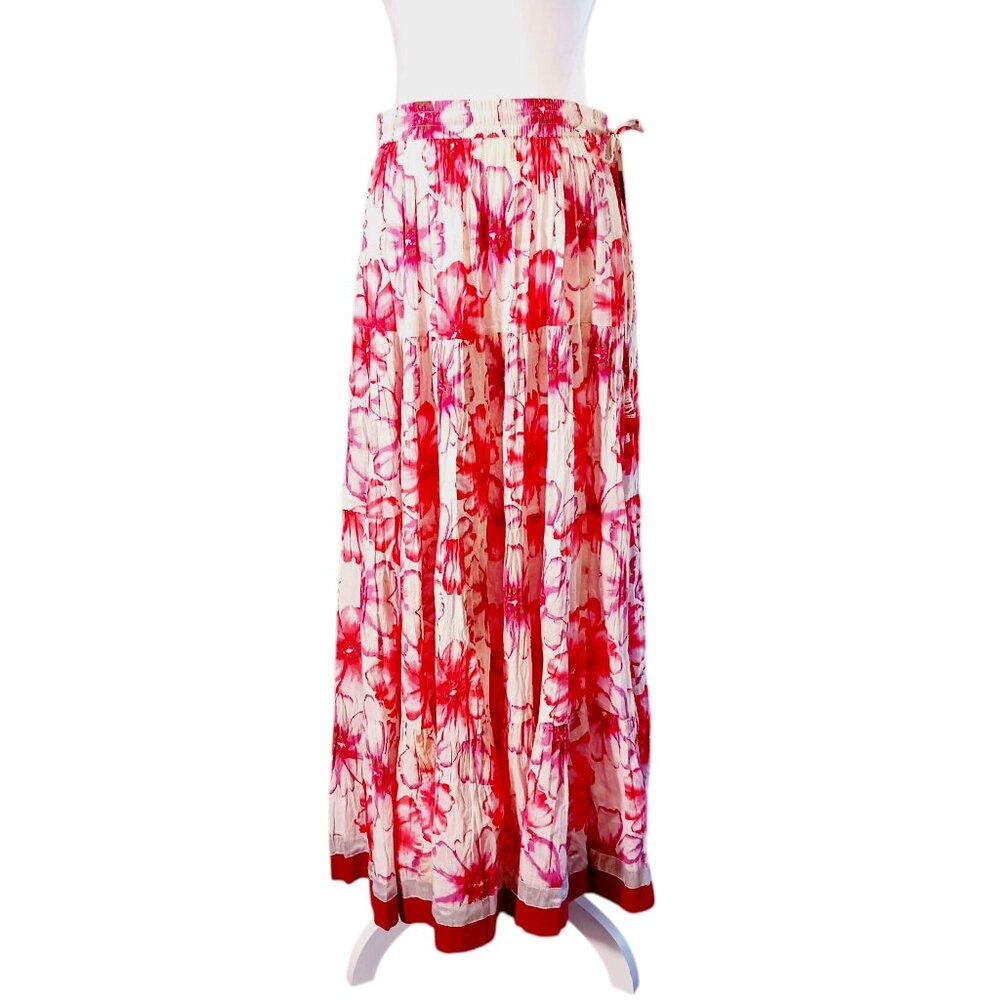 Lalla Nissa, Tiered Maxi Floral Skirt, Medium, Floral Print Stretch Waist w/ Tie